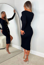 Take My Heart Black Gold Heart Button Long Sleeve Knitted Midi Dress