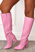 All You Want Pink Croc Effect Knee High Block Heel Boots