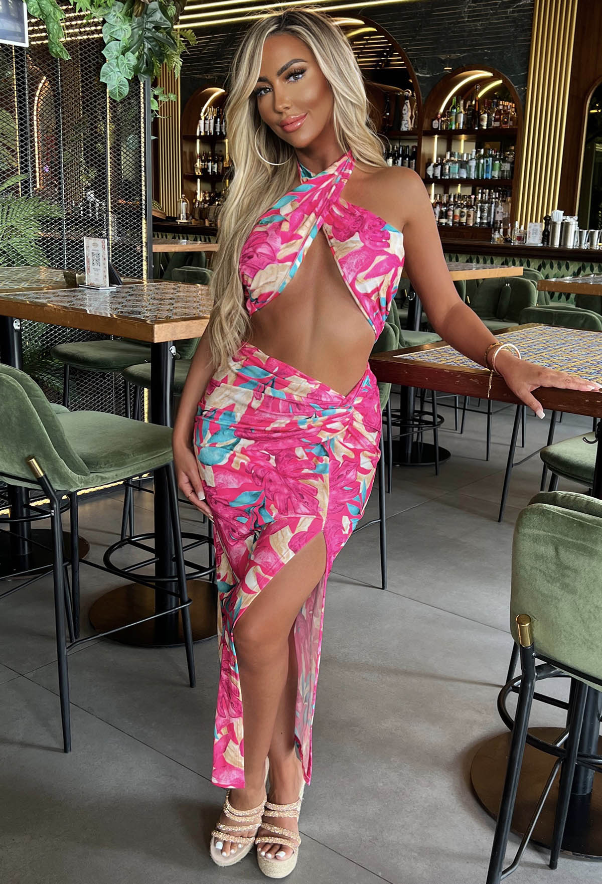 Your Paradise Tropical Halterneck Bandeau Midi Skirt Co Ord Set