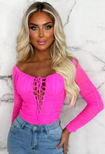 Perfect Without Trying Hot Pink Stretch Mesh Lace Bardot Top