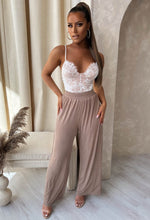 Adorned Babe Mocha Ribbed Stretch Wide Leg Trousers