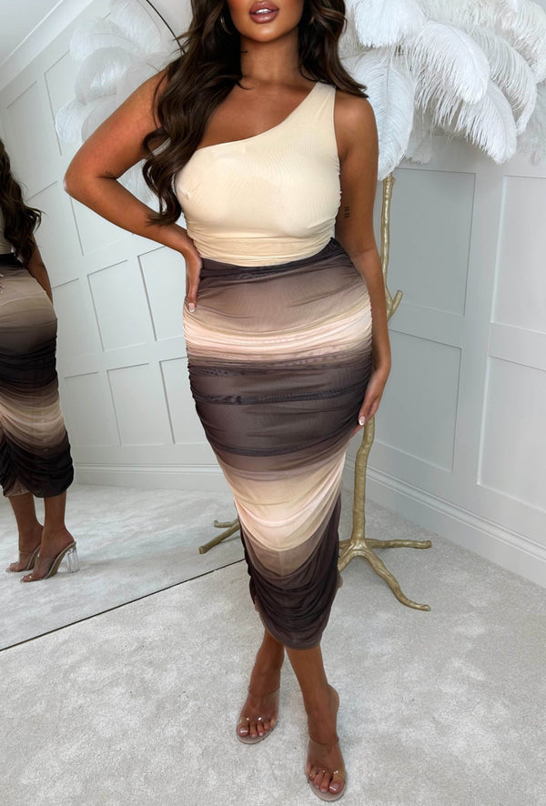 Ruched Delight Brown Double Layer Printed Ruched Maxi Skirt Pink