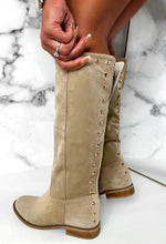 Sweet Glamour Cream Gold Stud Faux Suede Knee High Boots