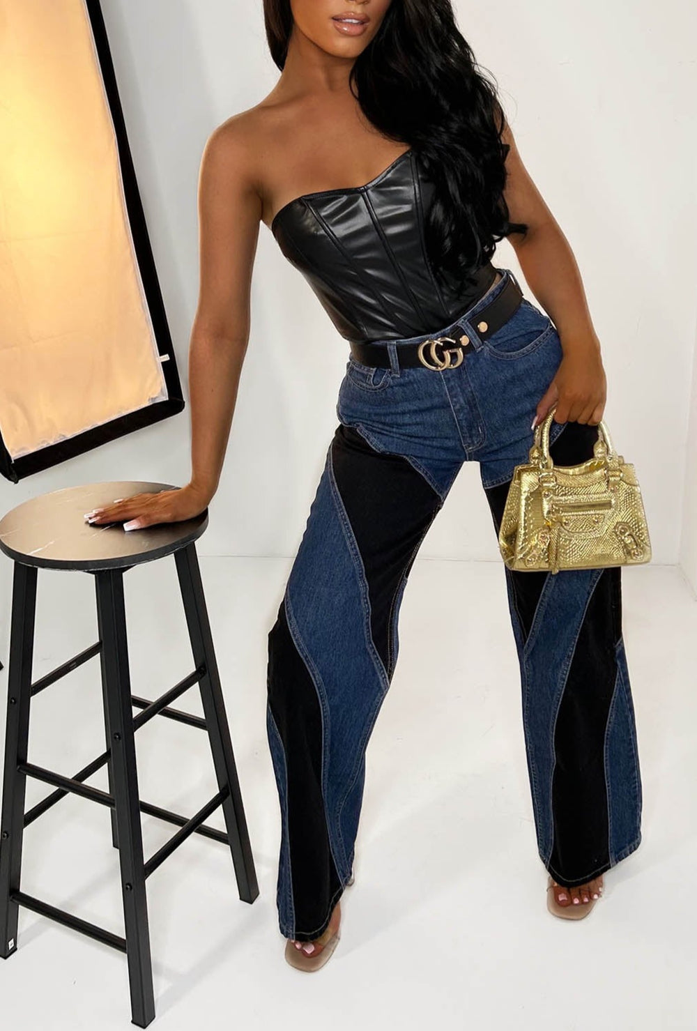 Pre-Order Blue Drawstring Elastic Waist Leopard Striped Side Panel Wide Leg Jeans