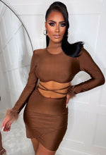 I'm Obsessed Brown Feather Cuff Stretch Mini Skirt Co-Ord Set