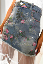 Denim Illusion Mid Blue Rose Printed Denim & Layered Mesh Skirt