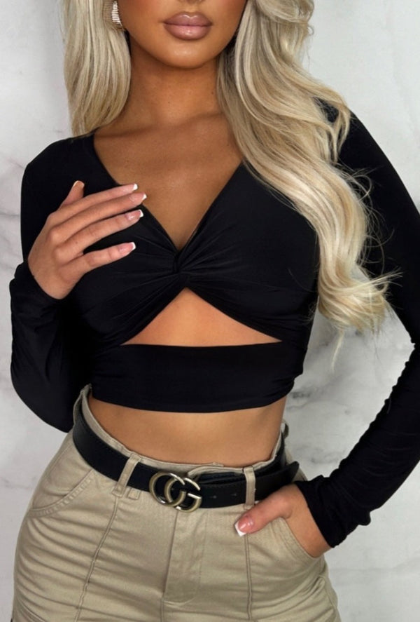 That Feeling Black Stretch Cut Out Long Sleeve Crop Top – Pink Boutique UK