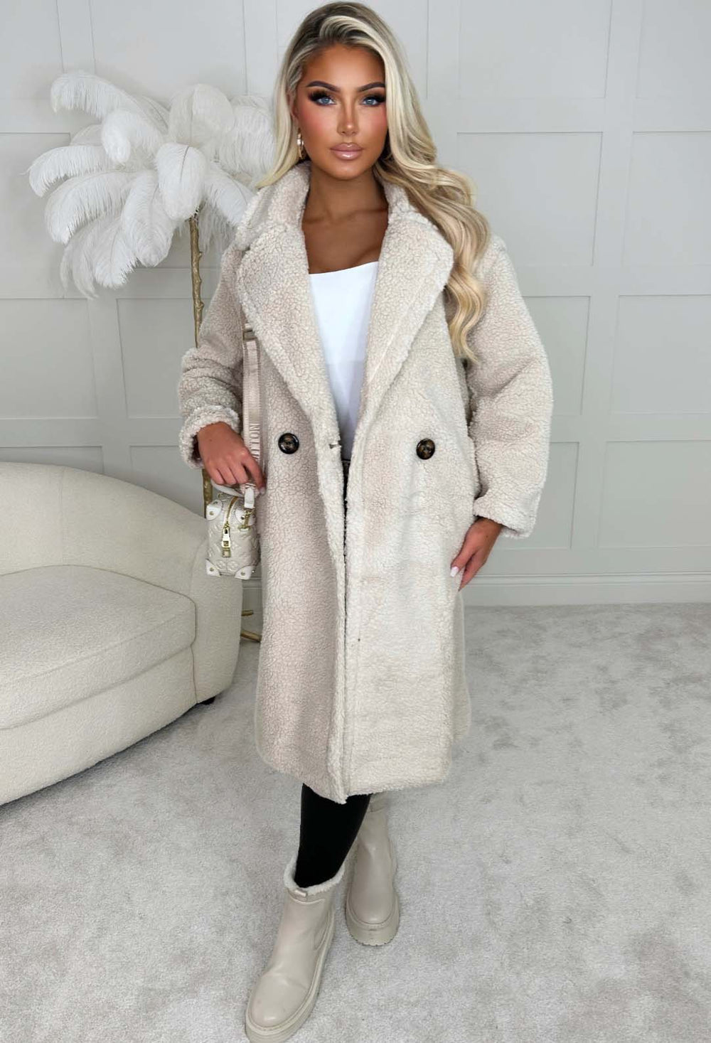 Cosy In The City Beige Teddy Double Breasted Coat | Pink Boutique ...