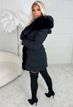 Cocoa Nights Black Faux Fur Trim Belted Padded Mid Length Coat