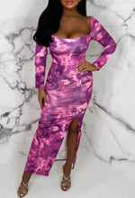 Vivid Allure Purple Stretch Lace Up Back Marble Print Long Sleeve Midi Dress