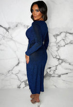 Glam In Glitter Navy Lurex Stretch Long Sleeve Ruched Wrap Midi Dress
