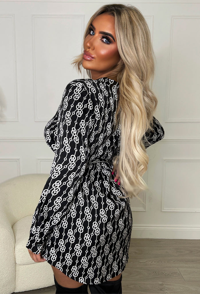 Linking Up Black Long Sleeve Belted Chain Print Shirt Dress | Pink ...