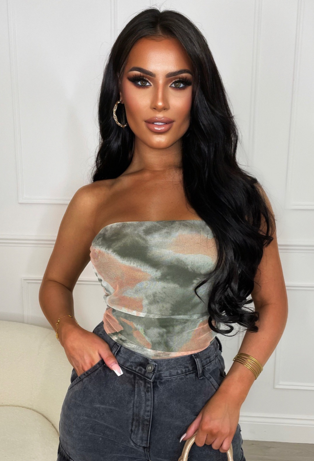 Pressure Is On Khaki Ruched Mesh Bandeau Top Pink Boutique