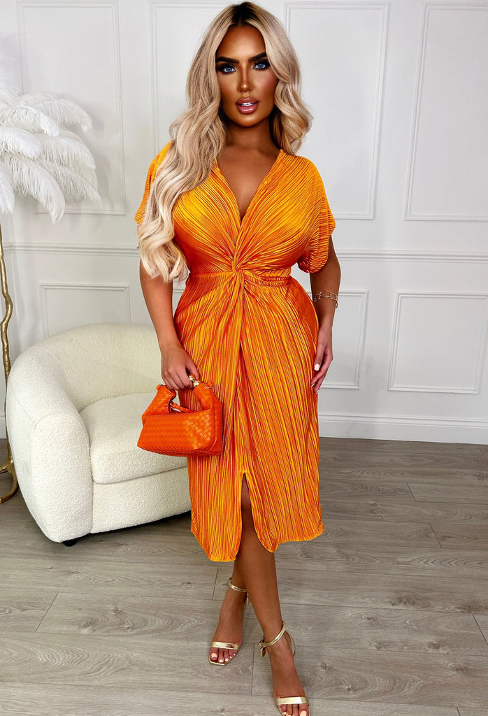 Pretty In Plisse Orange Plisse Knot Midi Dress Pink Boutique Pink