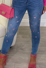 Sealed With A Kiss Mid Blue Pink Glitter Heart Stretch Jeans