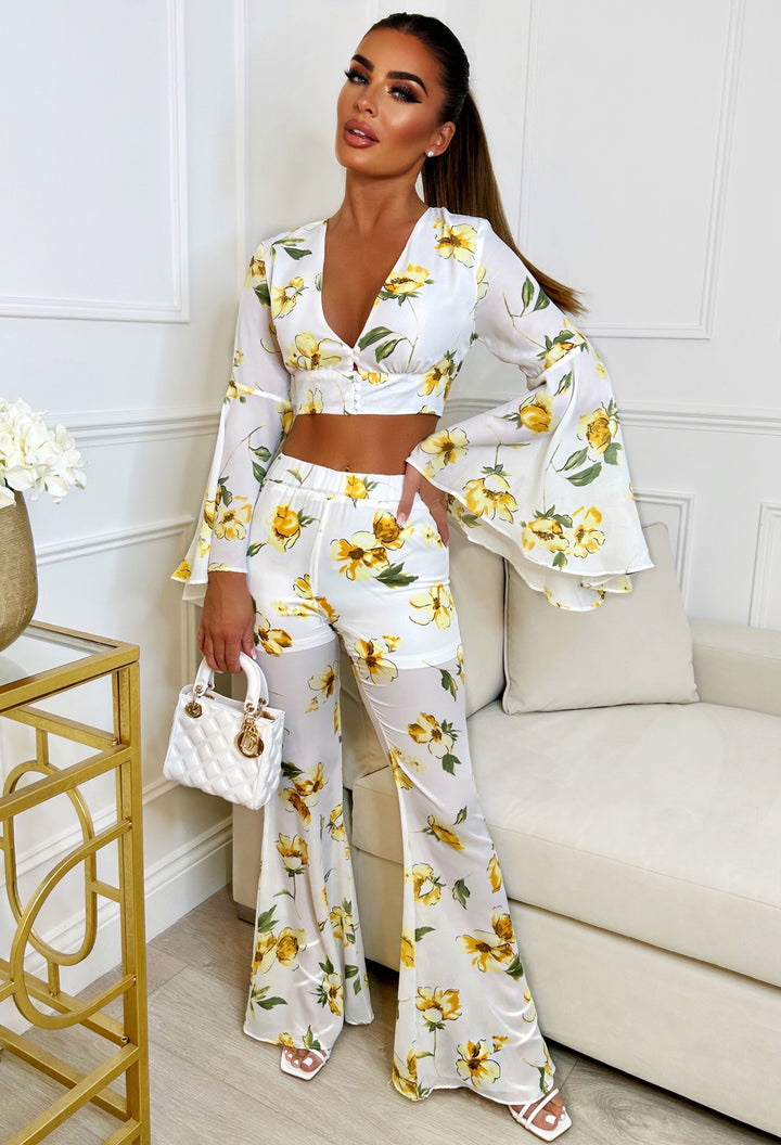 peach and White Floral A-Line Trousers Co-ords Set