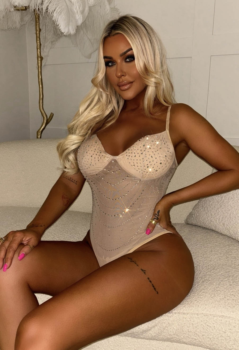 Take A Hint Nude Sheer Embellished Bodysuit