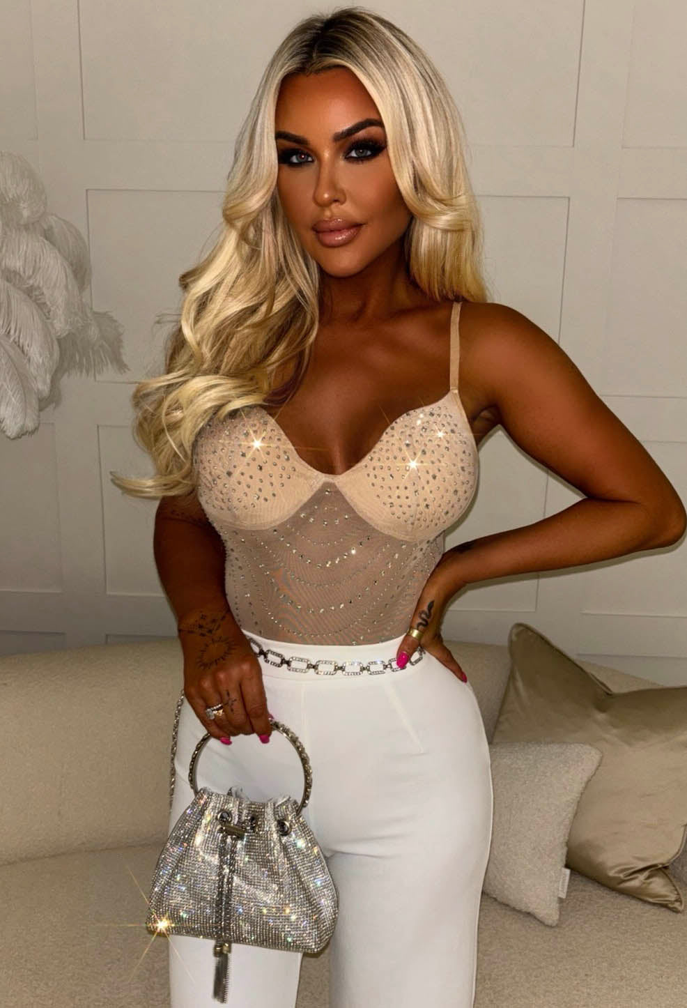 Take A Hint Nude Sheer Embellished Bodysuit