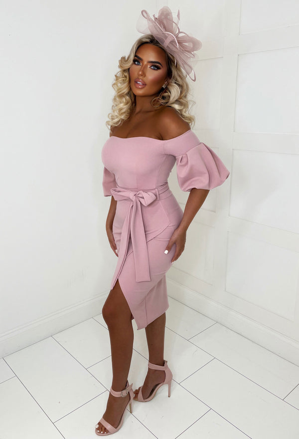 Wedding Guest Blush Pink Bardot Midi Dress Pink Boutique Pink