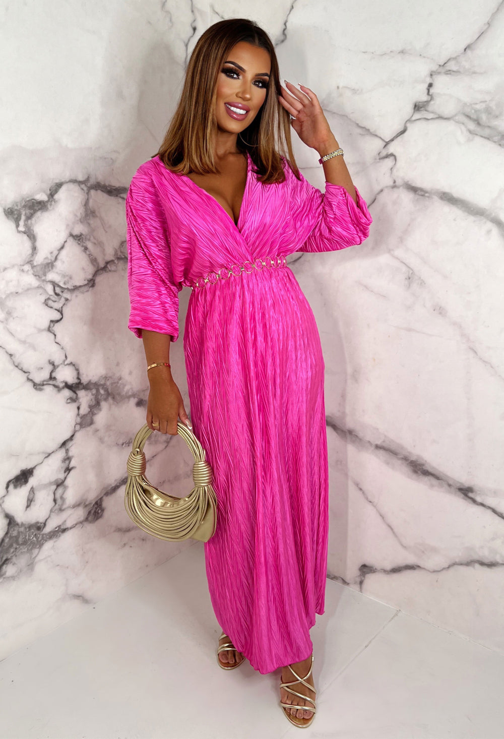 hot pink plisse dress boohoo Women's Plus Wide Plisse Cape Sleeve Detail Midi Column Dress in Hot Pink