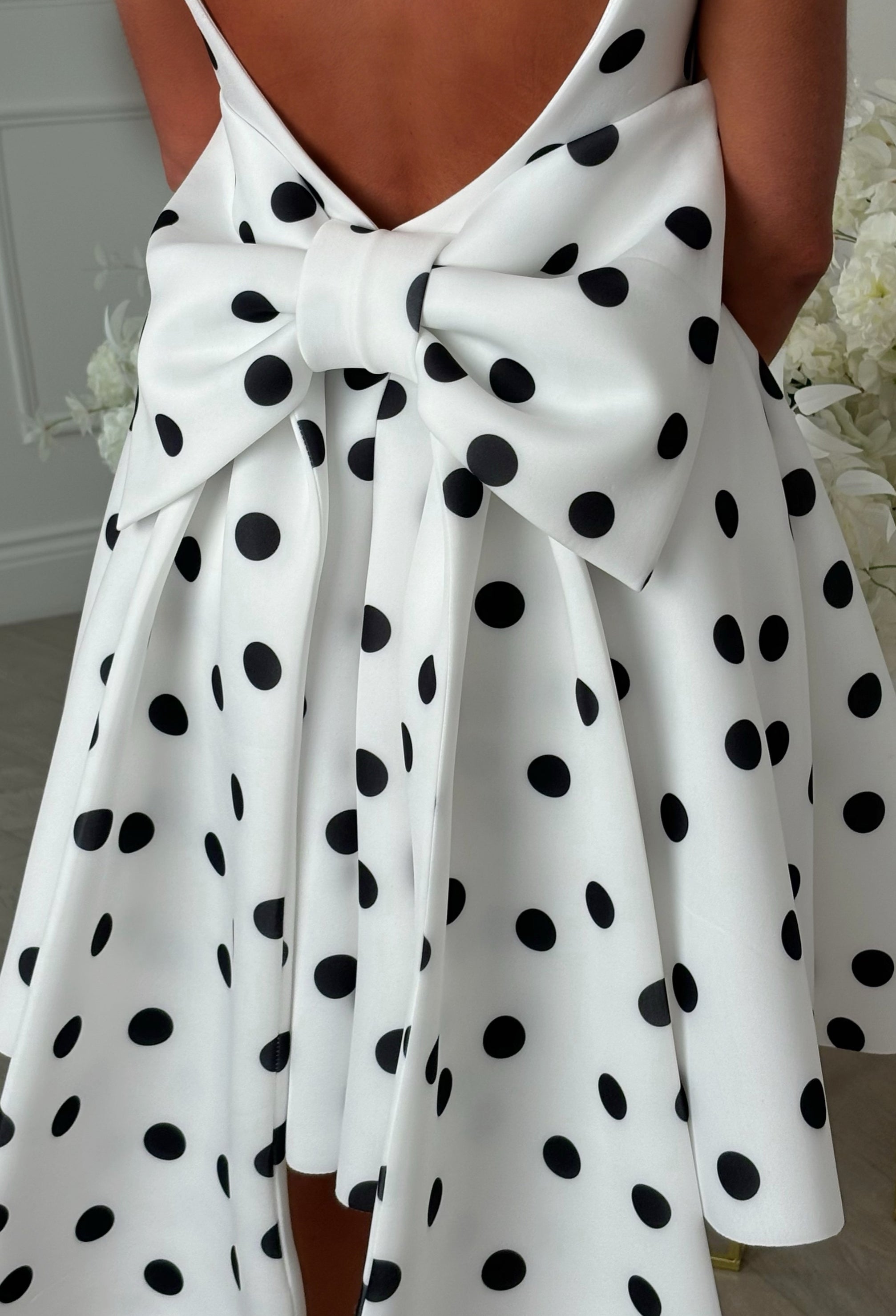 Monochrome Polka Dot Bow Back Mini Dress Close Up Detail Bow Back Shot