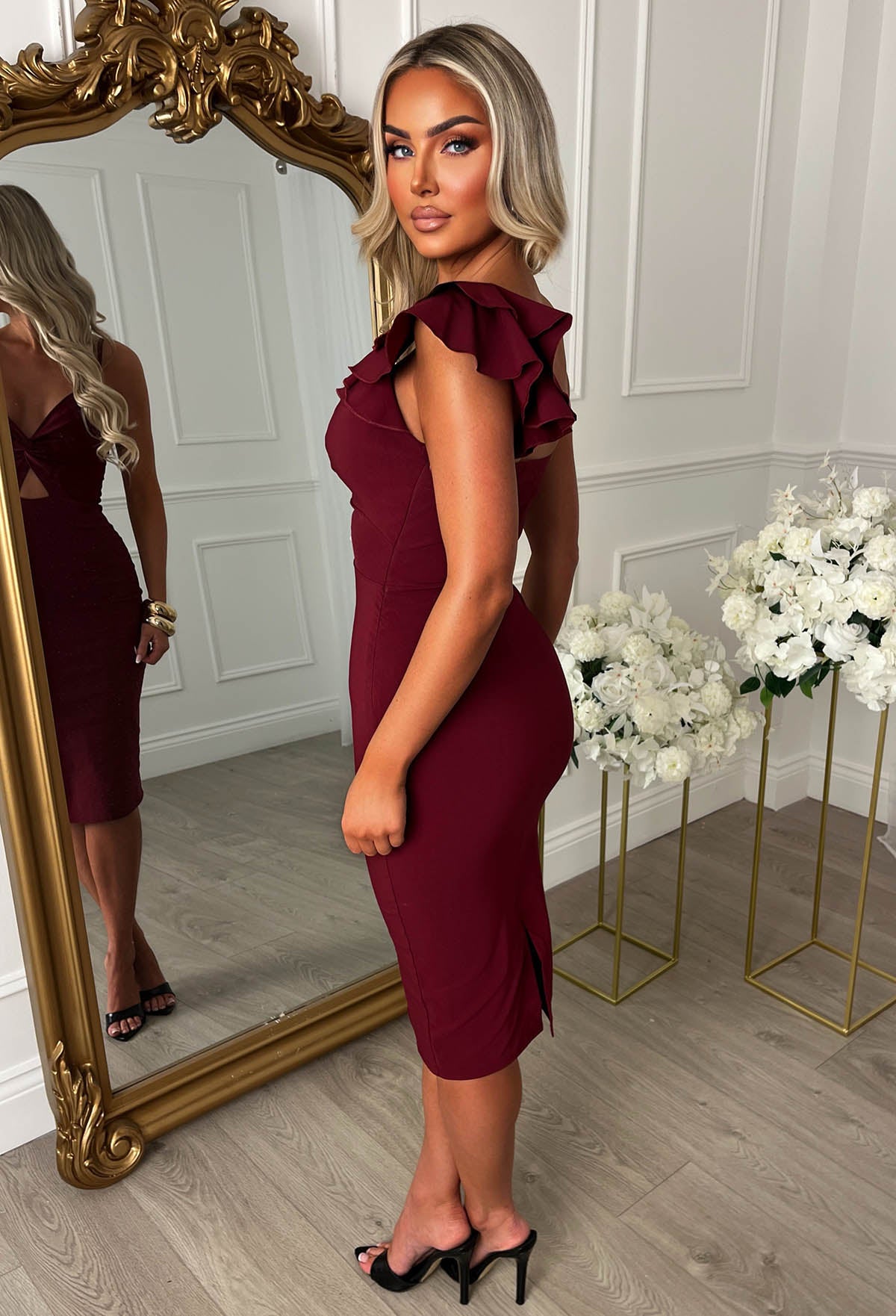 Alivia Burgundy One Shoulder Cut Out Bandeau Dress
