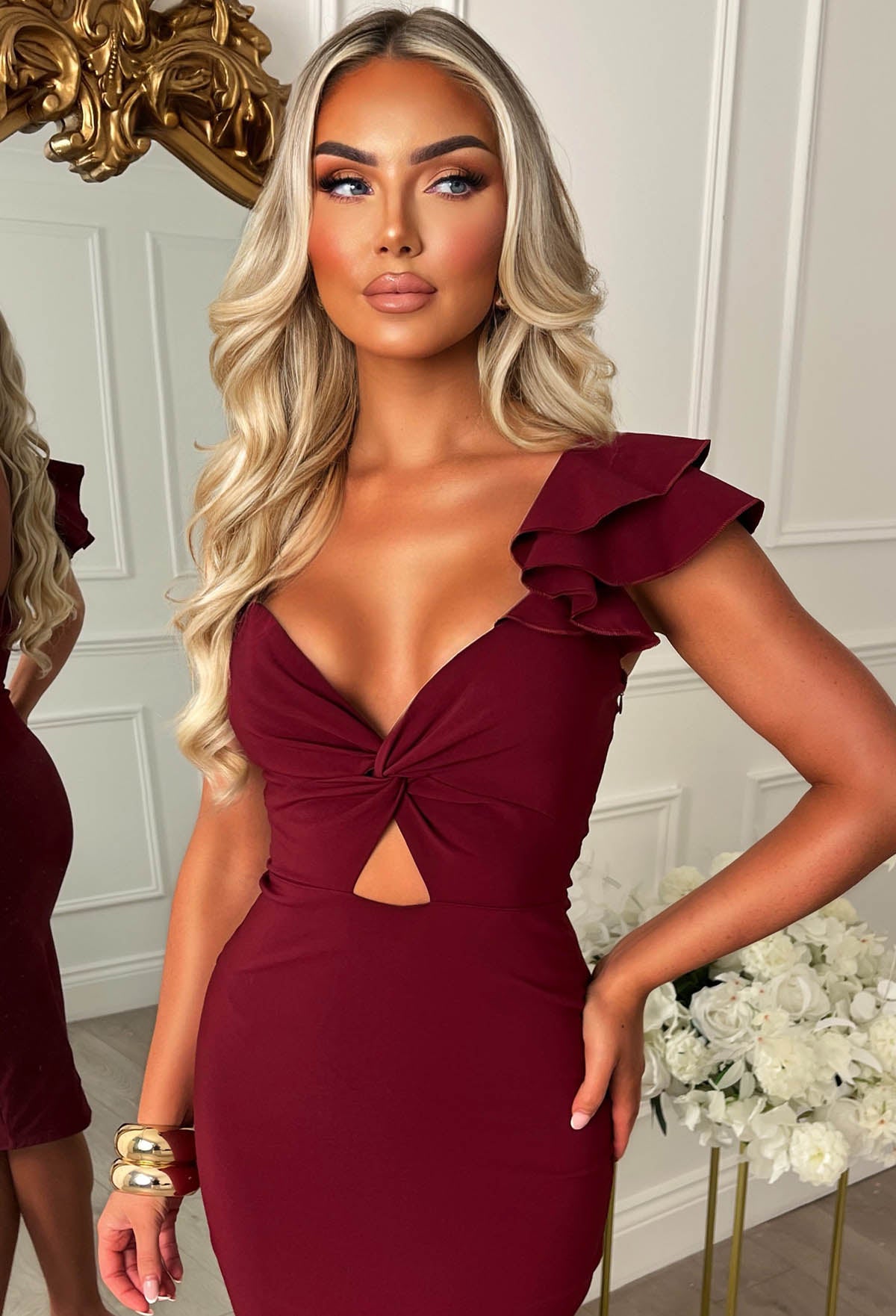 Alivia Burgundy One Shoulder Cut Out Bandeau Dress