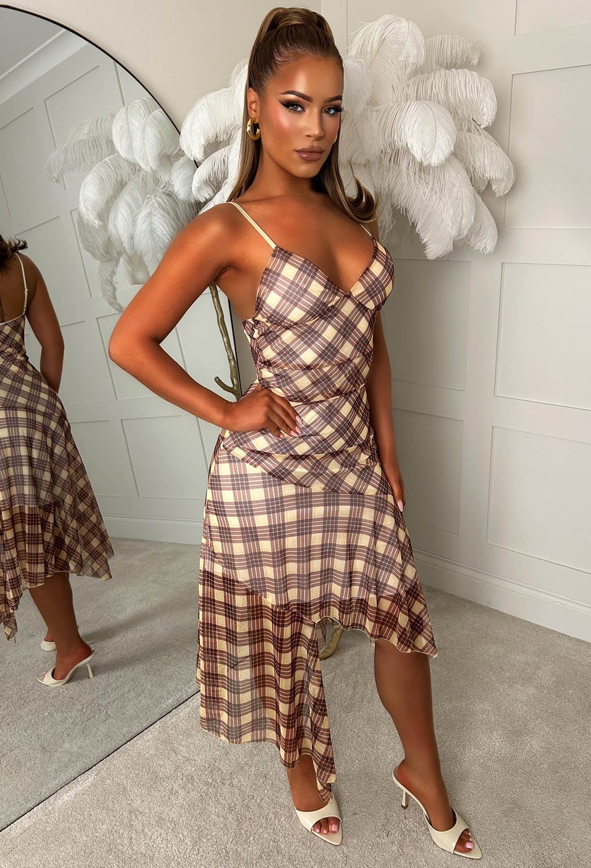 All Day Darling Lemon Check Mesh Midaxi Cami Dress | Pink Boutique