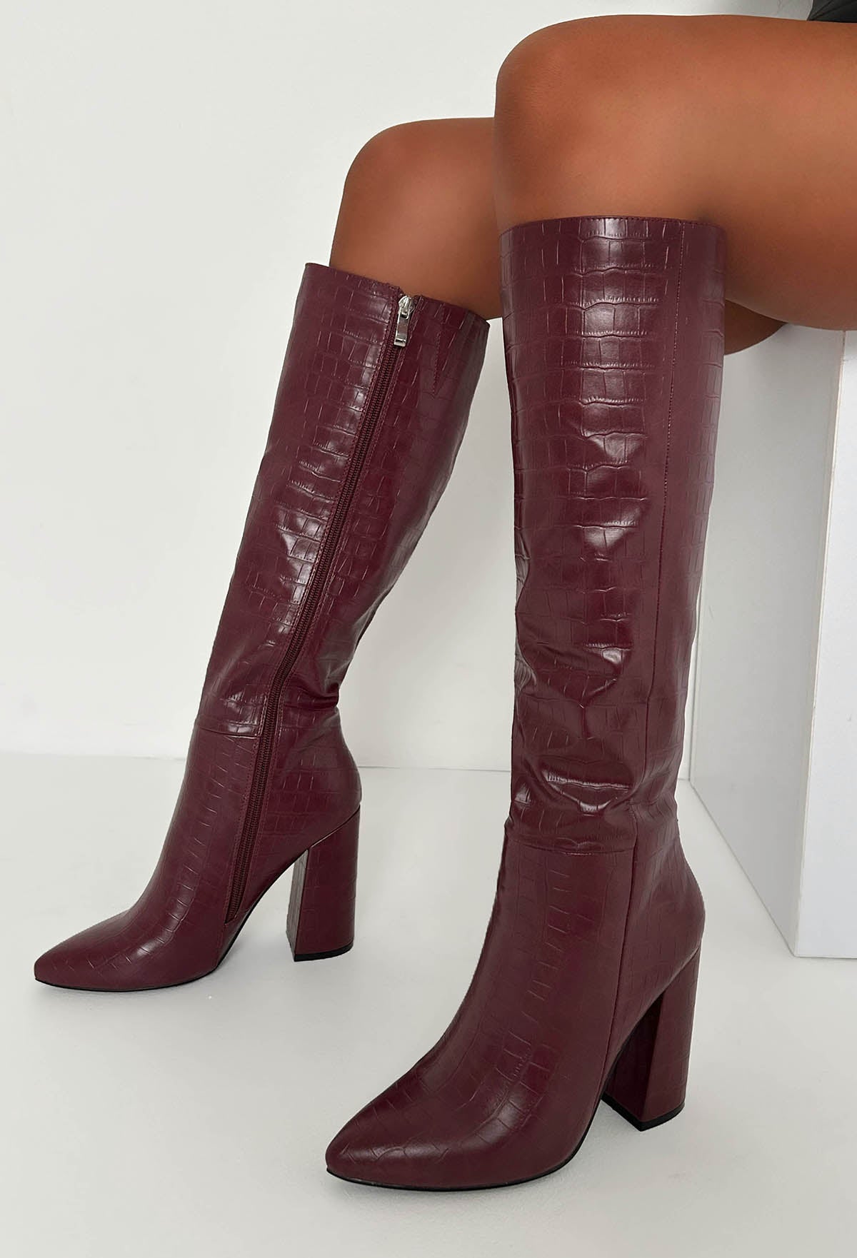 All You Want Wine Croc Effect Knee High Block Heel Boots
