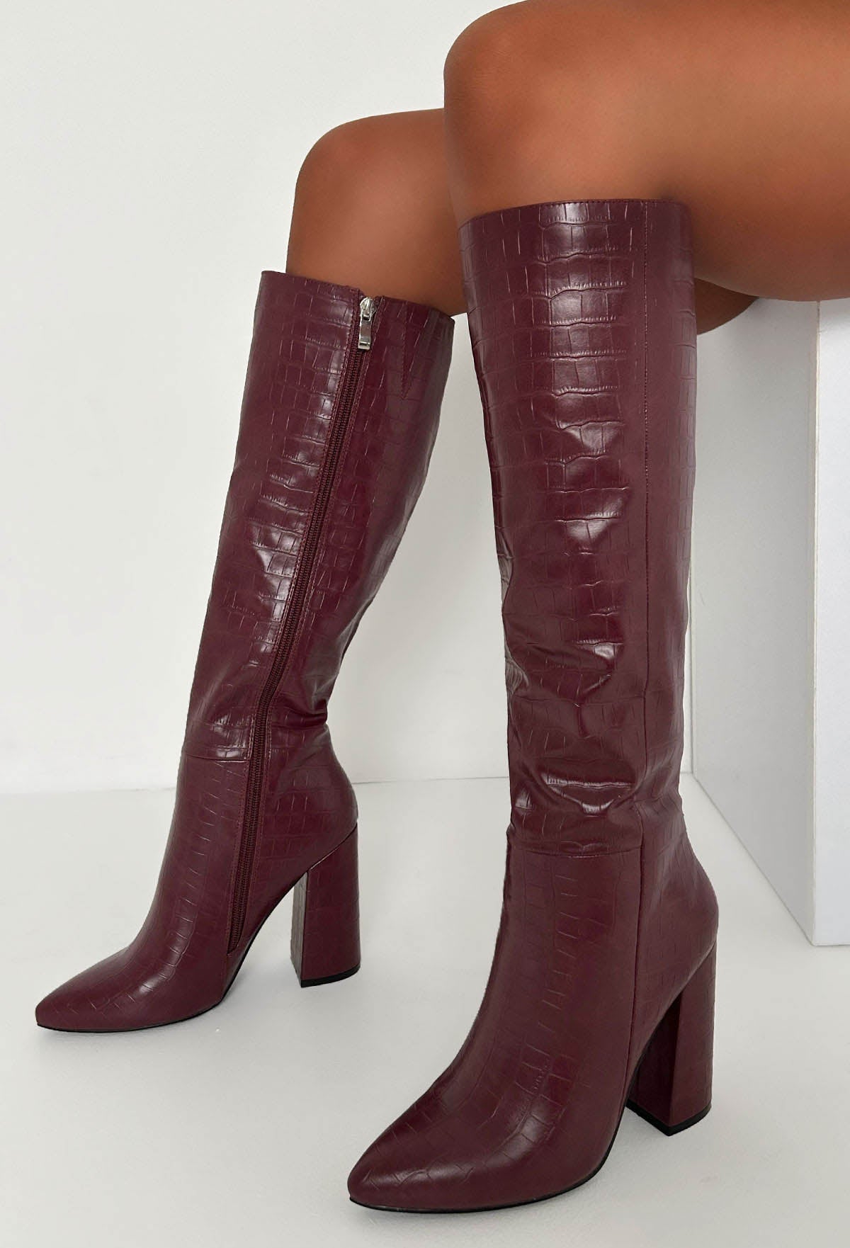 All You Want Wine Croc Effect Knee High Heel Boots Pink Boutique