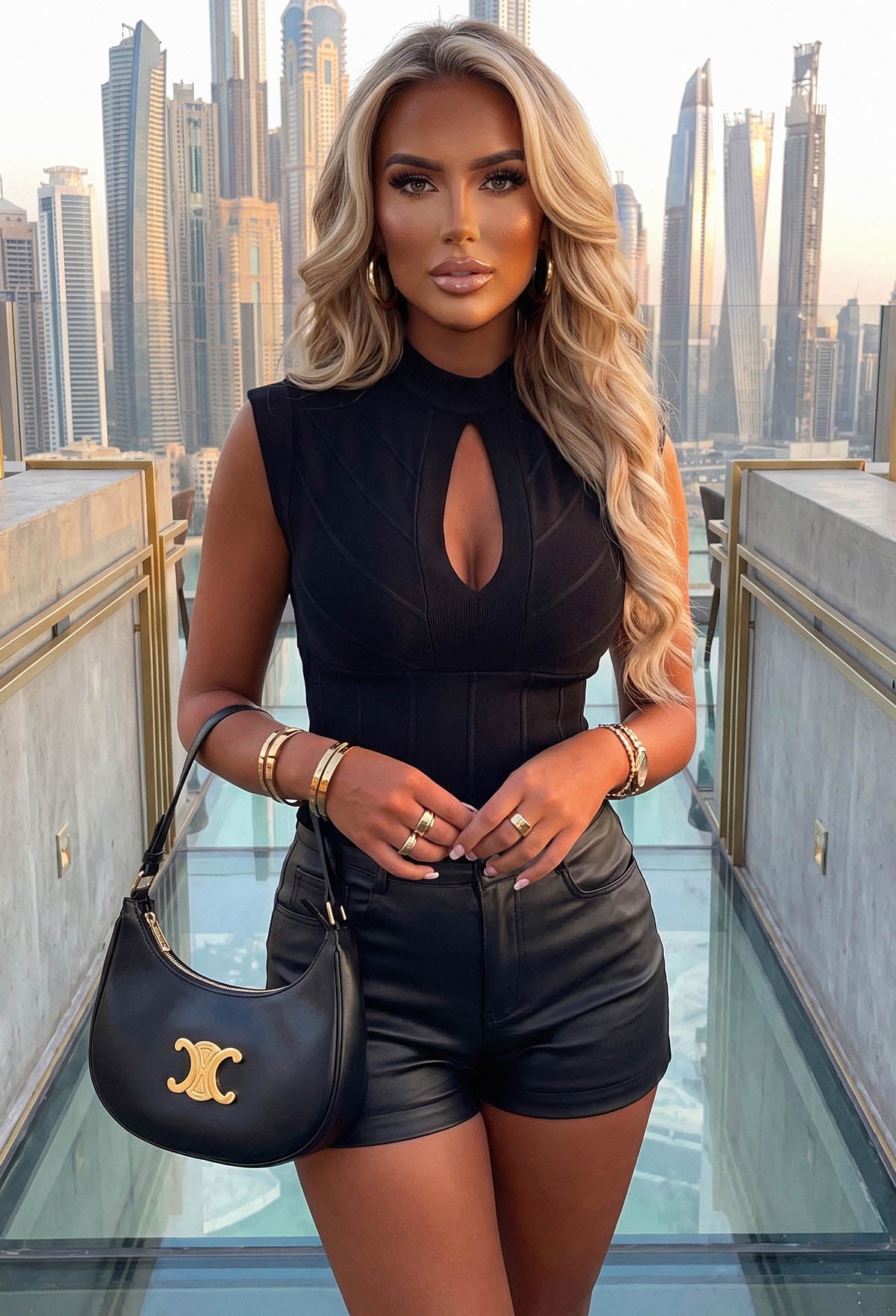Black Ribbed Bandage Effect Keyhole Cut Out Top
