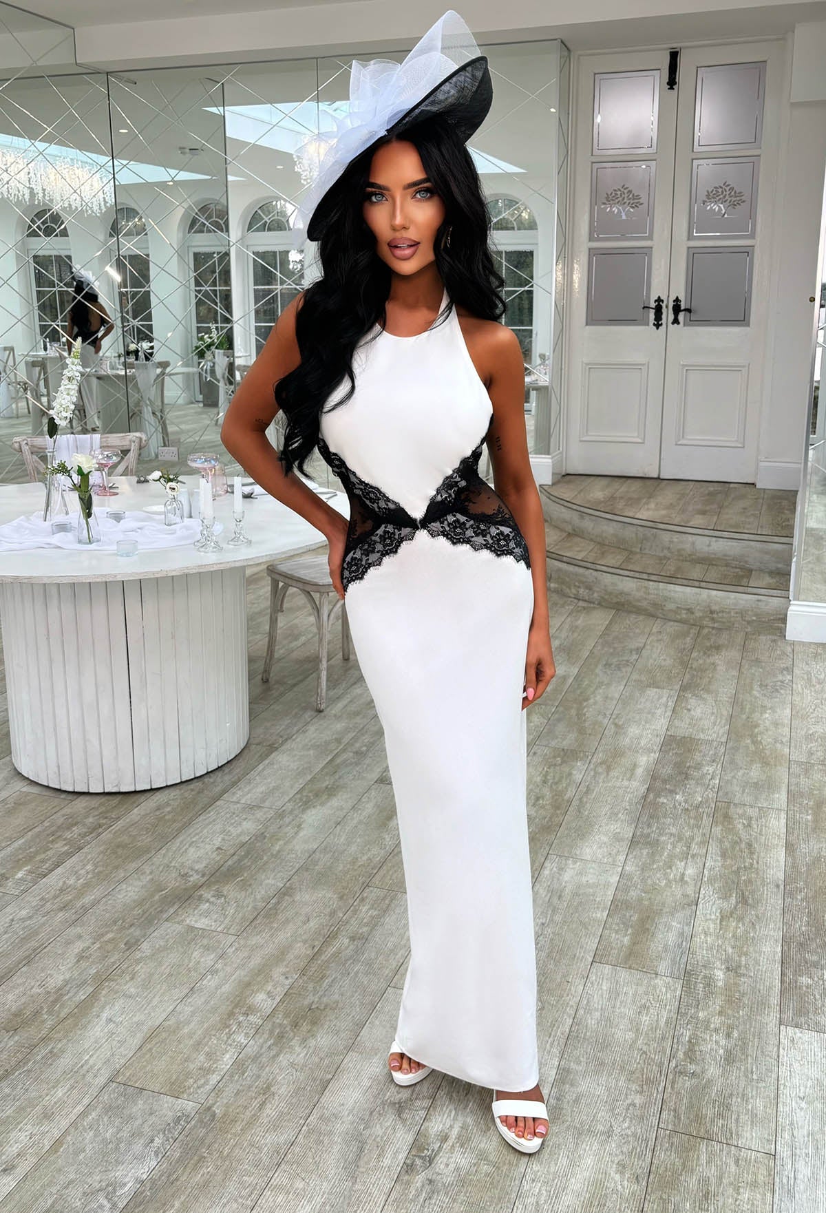 All's Fair White Lace Dress & Extra Gal Black Fascinator Outfit