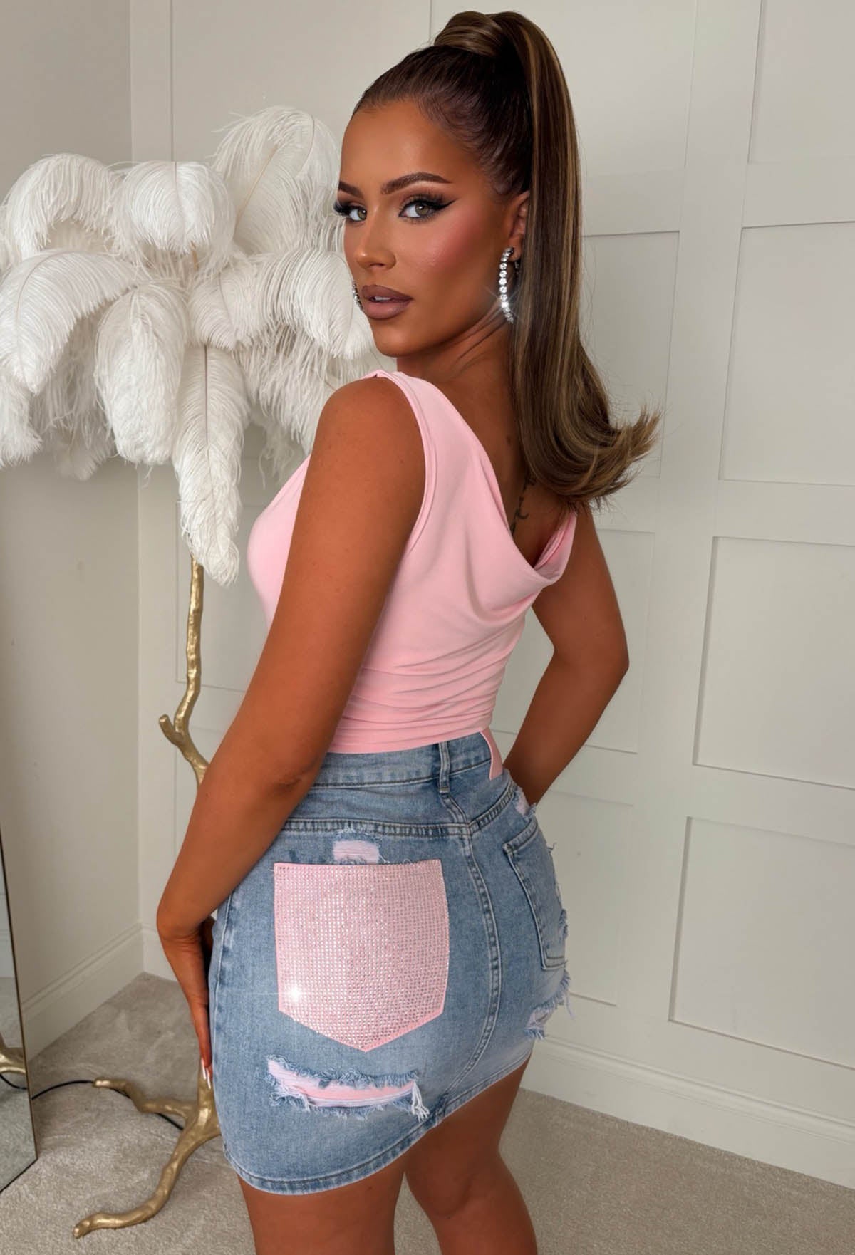 Mid Blue Stretch Denim Pink Hot Fix Mini Skirt Close Up Back View