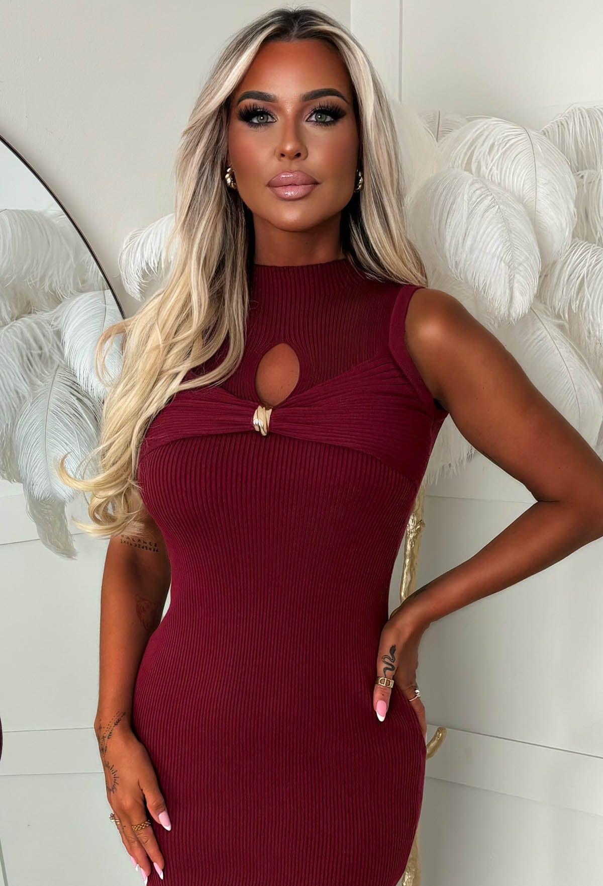 Always A Tease Burgundy Gold Knot Ribbed Knitted Dress