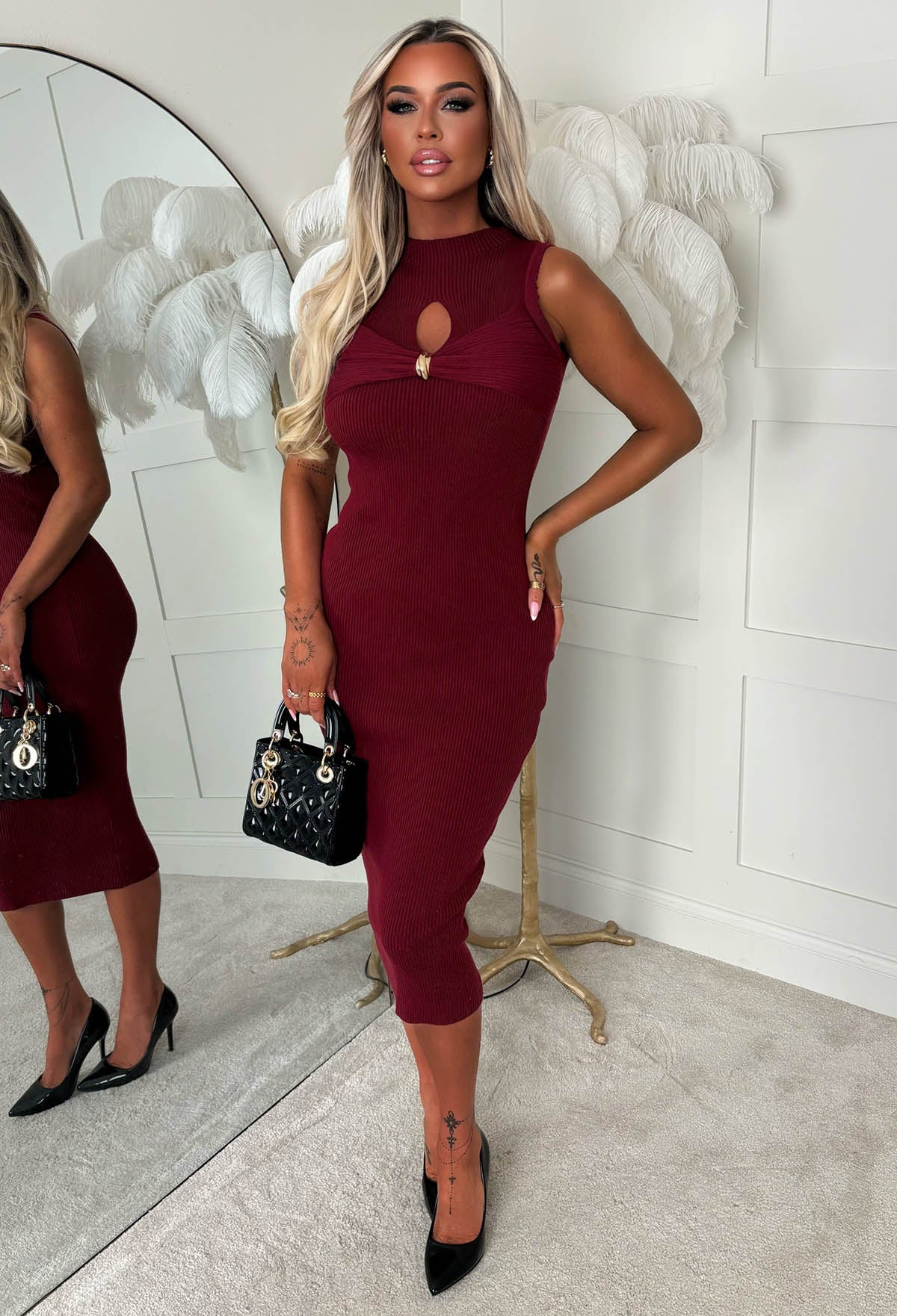 Always A Tease Burgundy Gold Knot Ribbed Knitted Dress