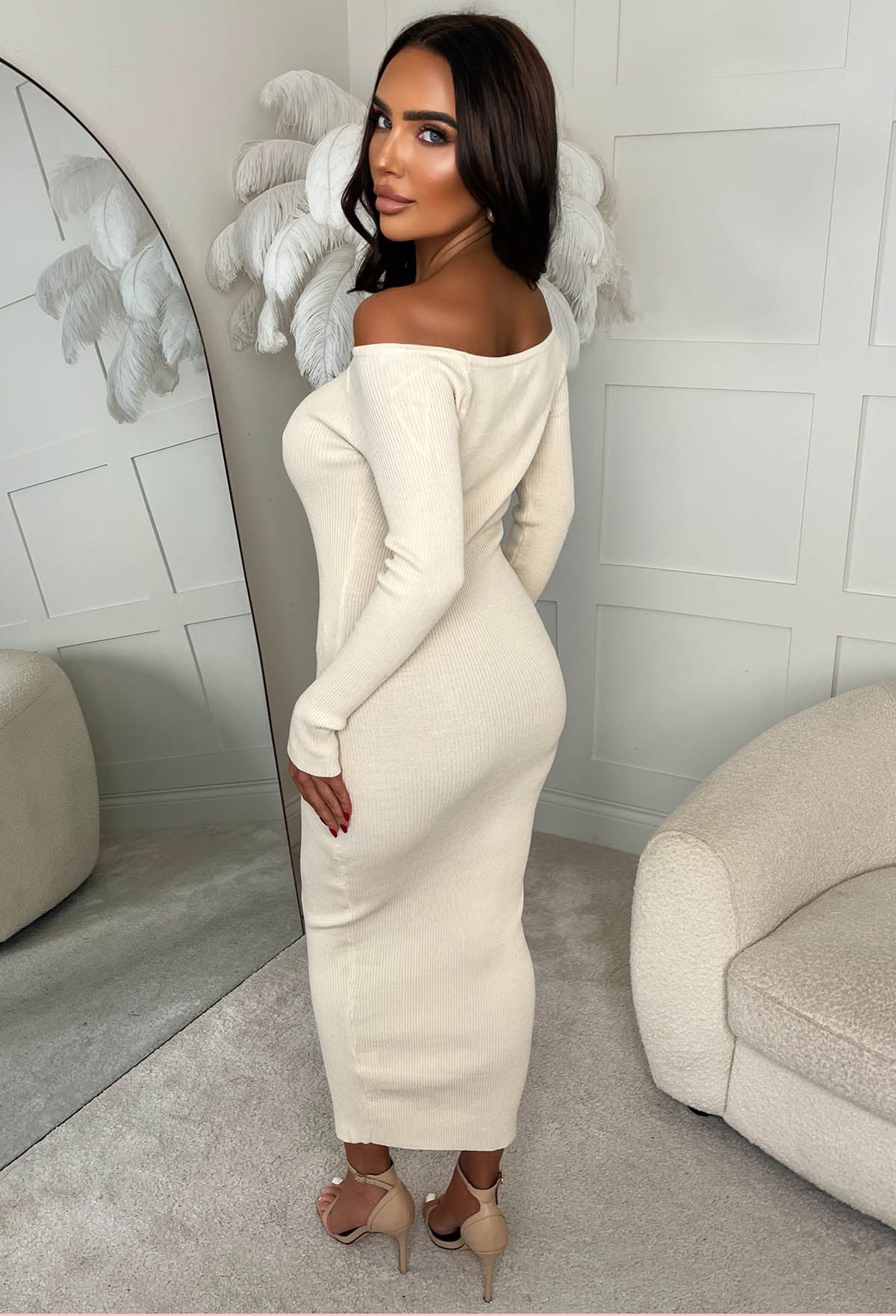 Always Alluring Beige Long Sleeve Rib Cut Out Front Dress