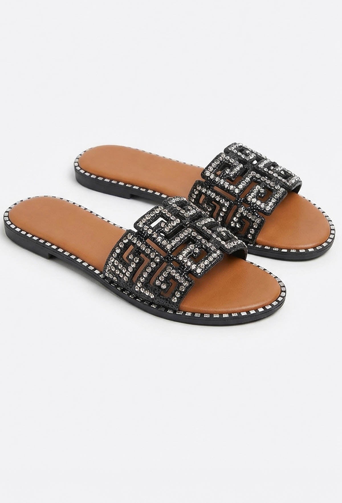 Always Be Mine Black Diamante Embellished Flat Sandals