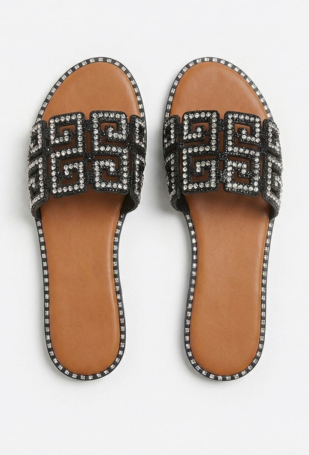 Always Be Mine Black Diamante Embellished Flat Sandals