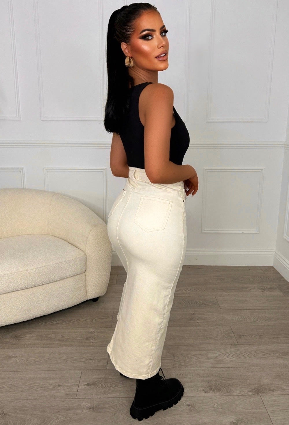 Always Chic Natural Midi Stretch Denim Skirt