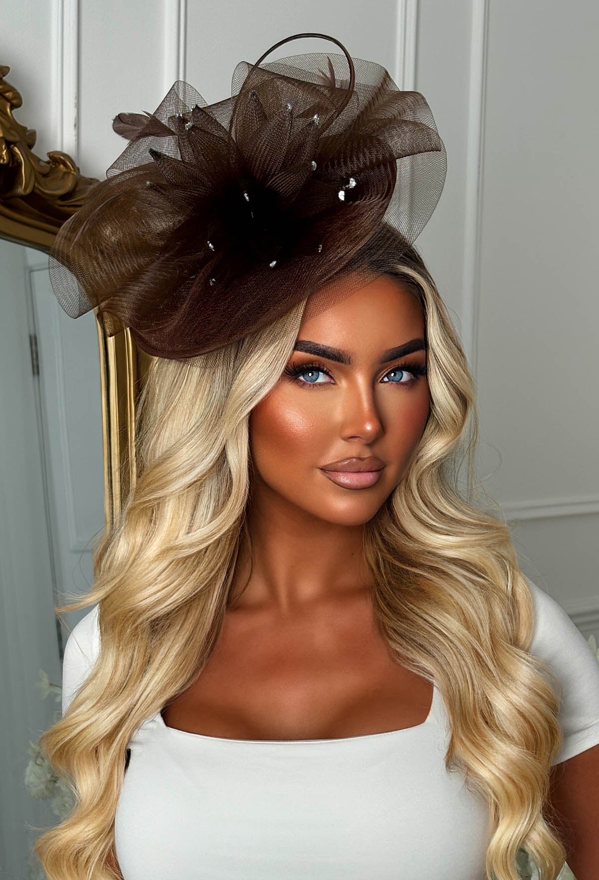 Brown Floral Mesh Fascinator Side View