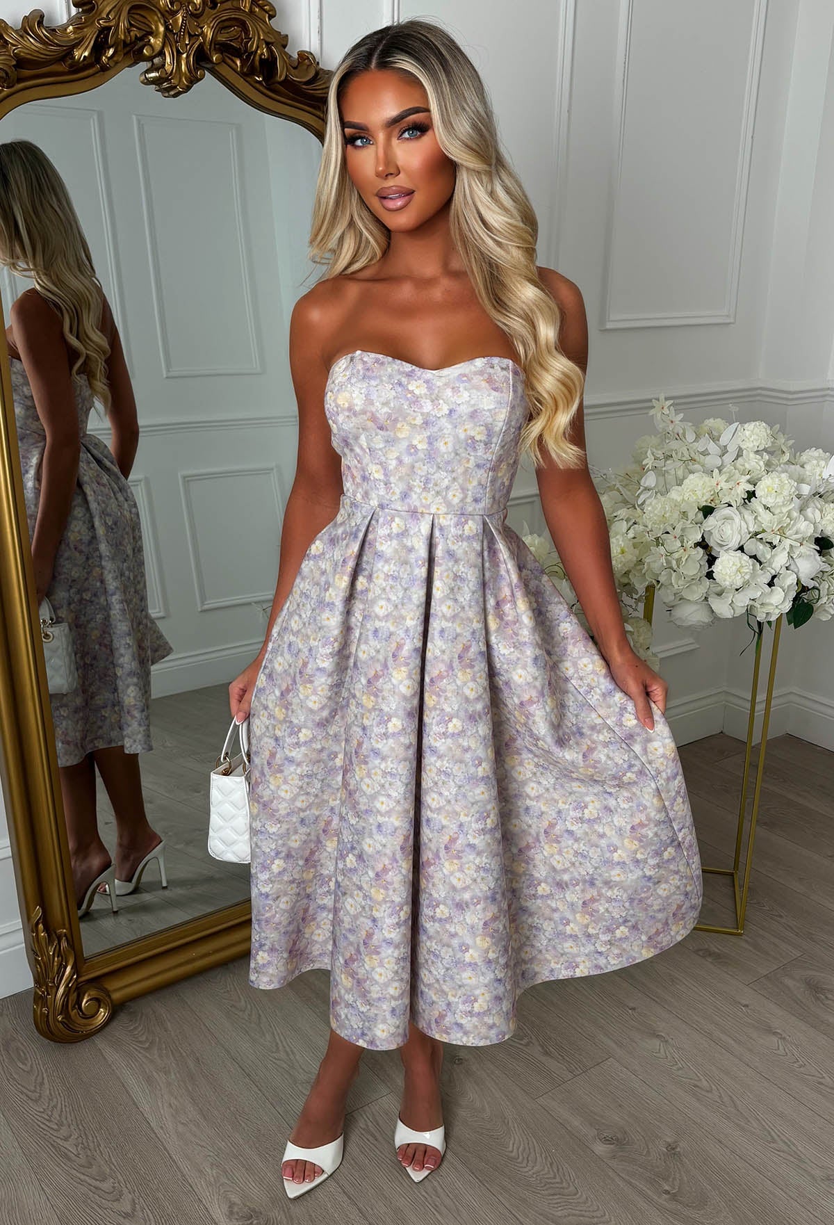 Lilac Floral Print Bandeau Midaxi Occasion Dress Full Length 