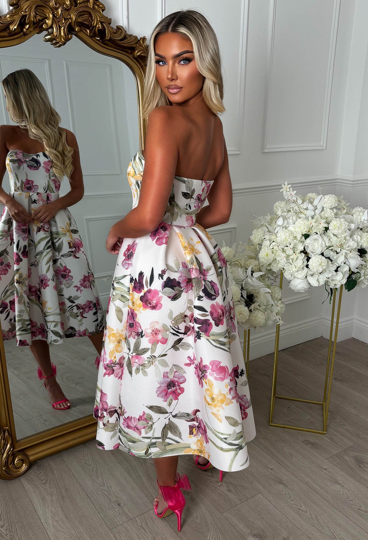 Pink Floral Print Bandeau Midi Dress Back View 