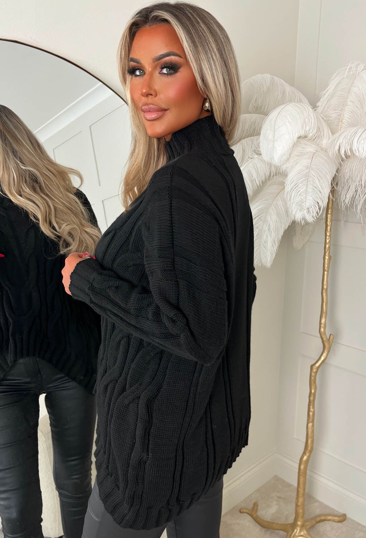 Autumn Chic Black Oversized Cable Knit Jumper