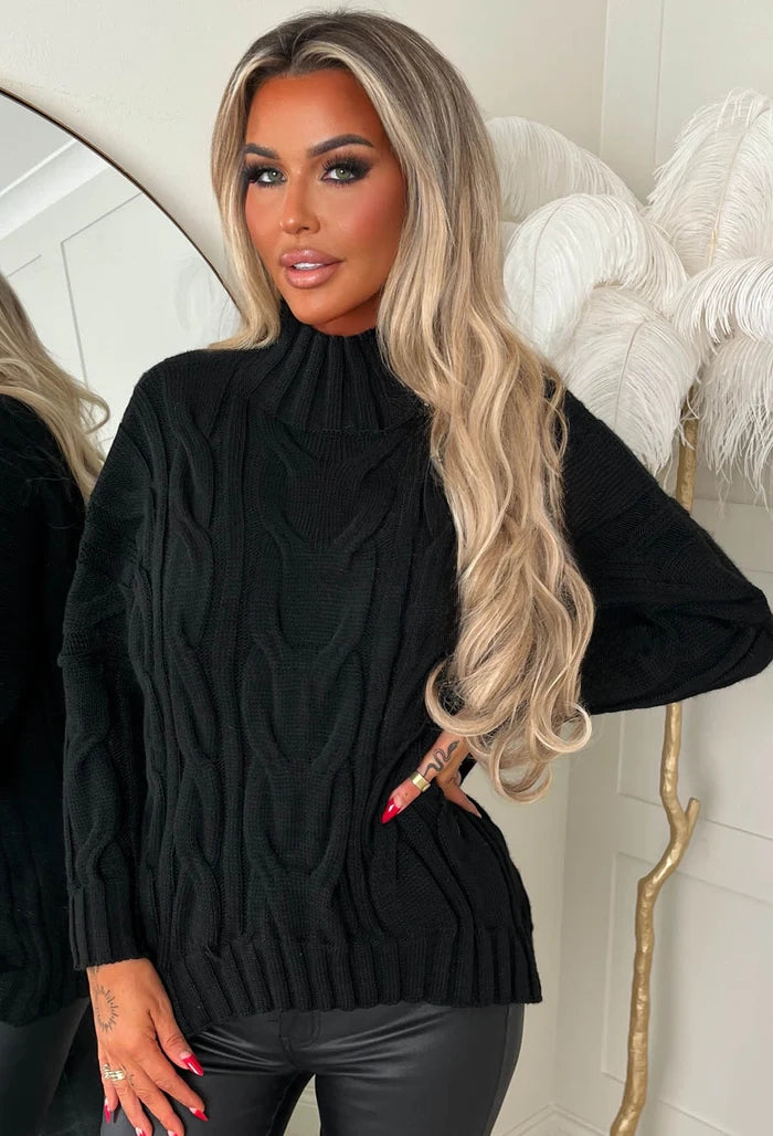 Autumn Chic Black Oversized Cable Knit Jumper
