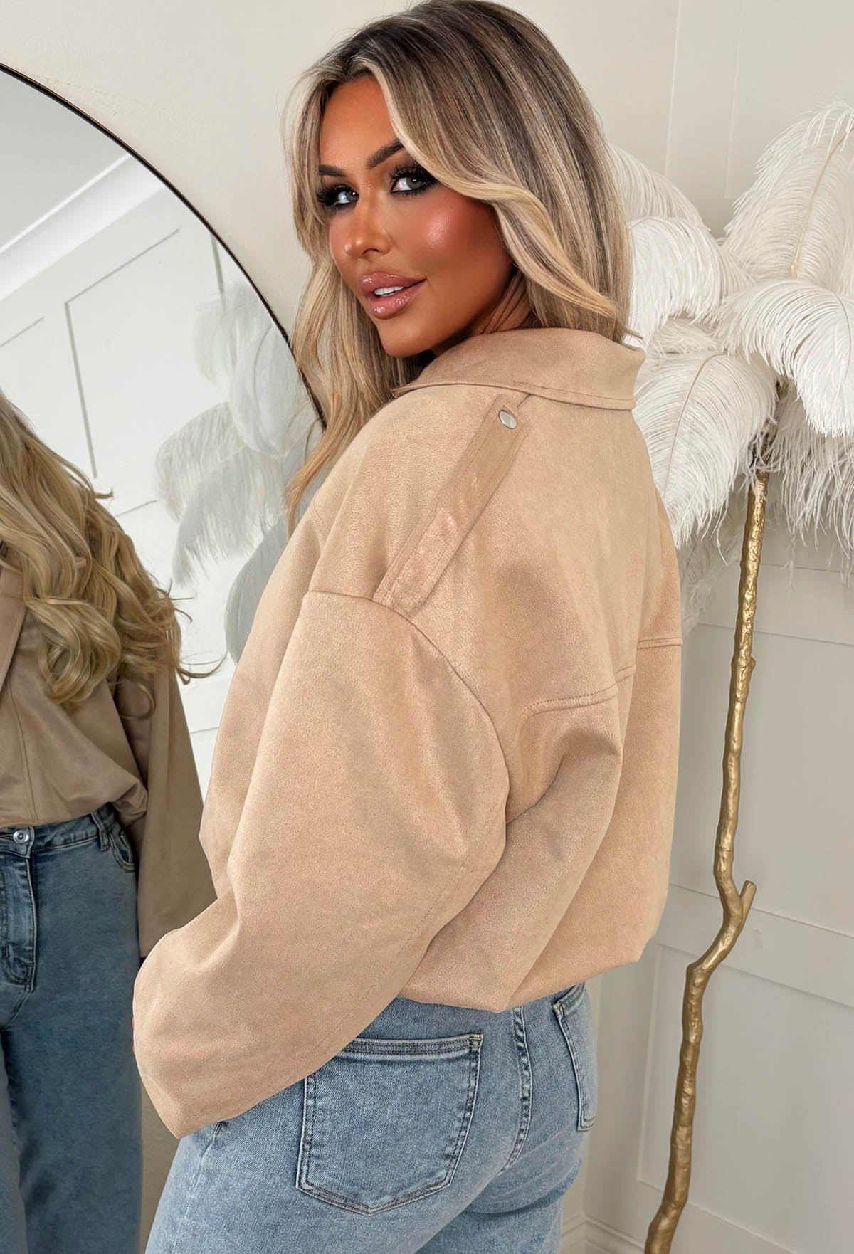 Autumn Crush Beige Faux Suede Bomber Jacket