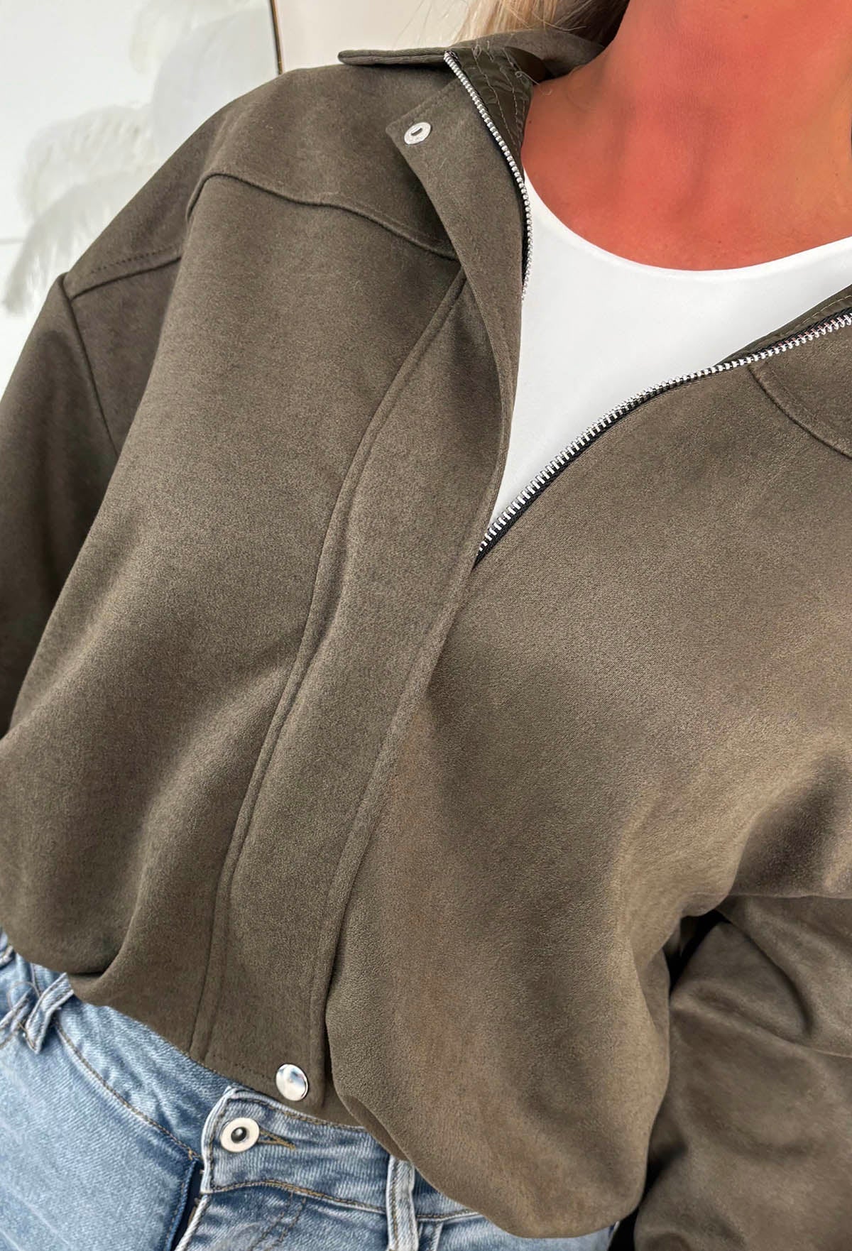 Autumn Crush Khaki Faux Suede Bomber Jacket