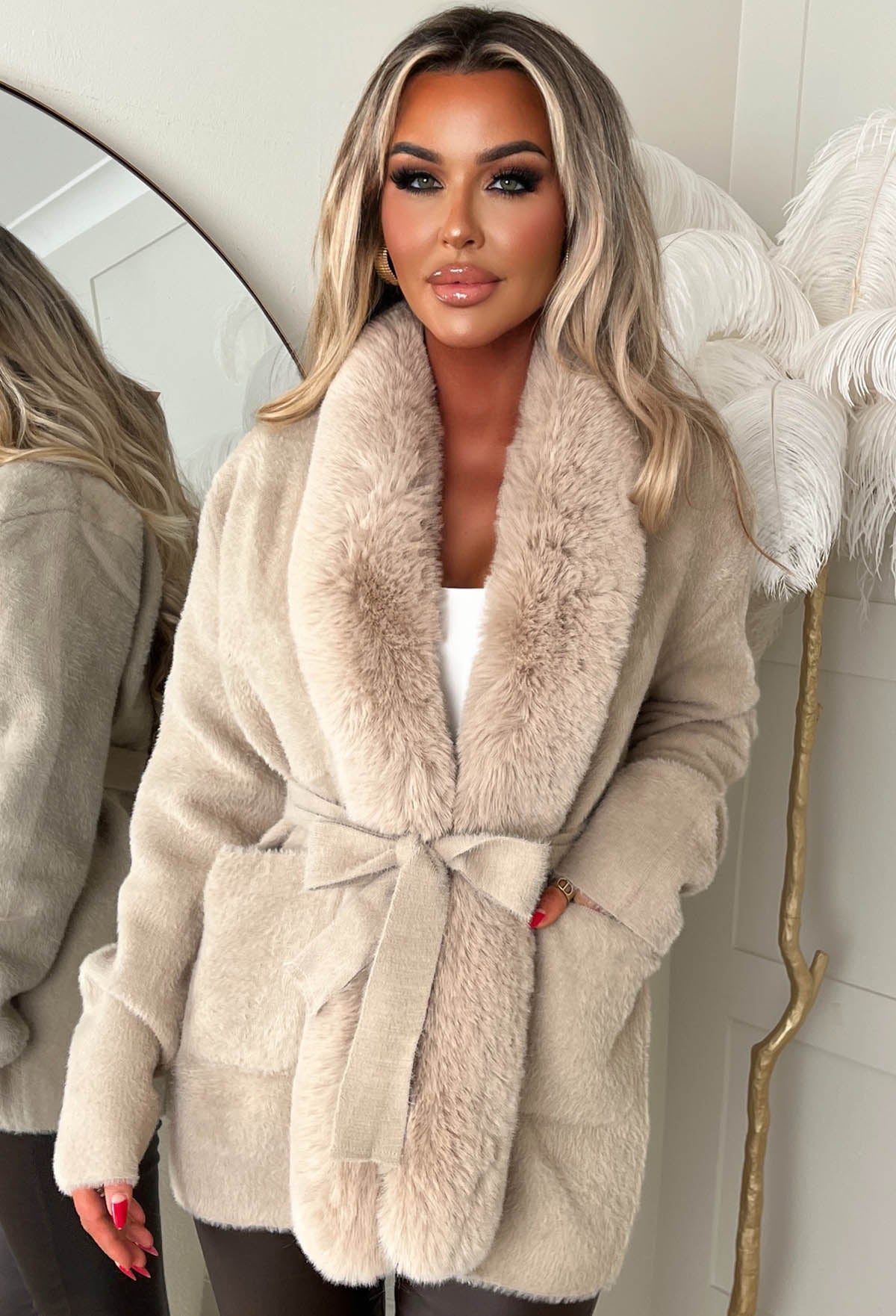 Autumn Escape Mocha Mid Length Faux Fur Belted Cardigan