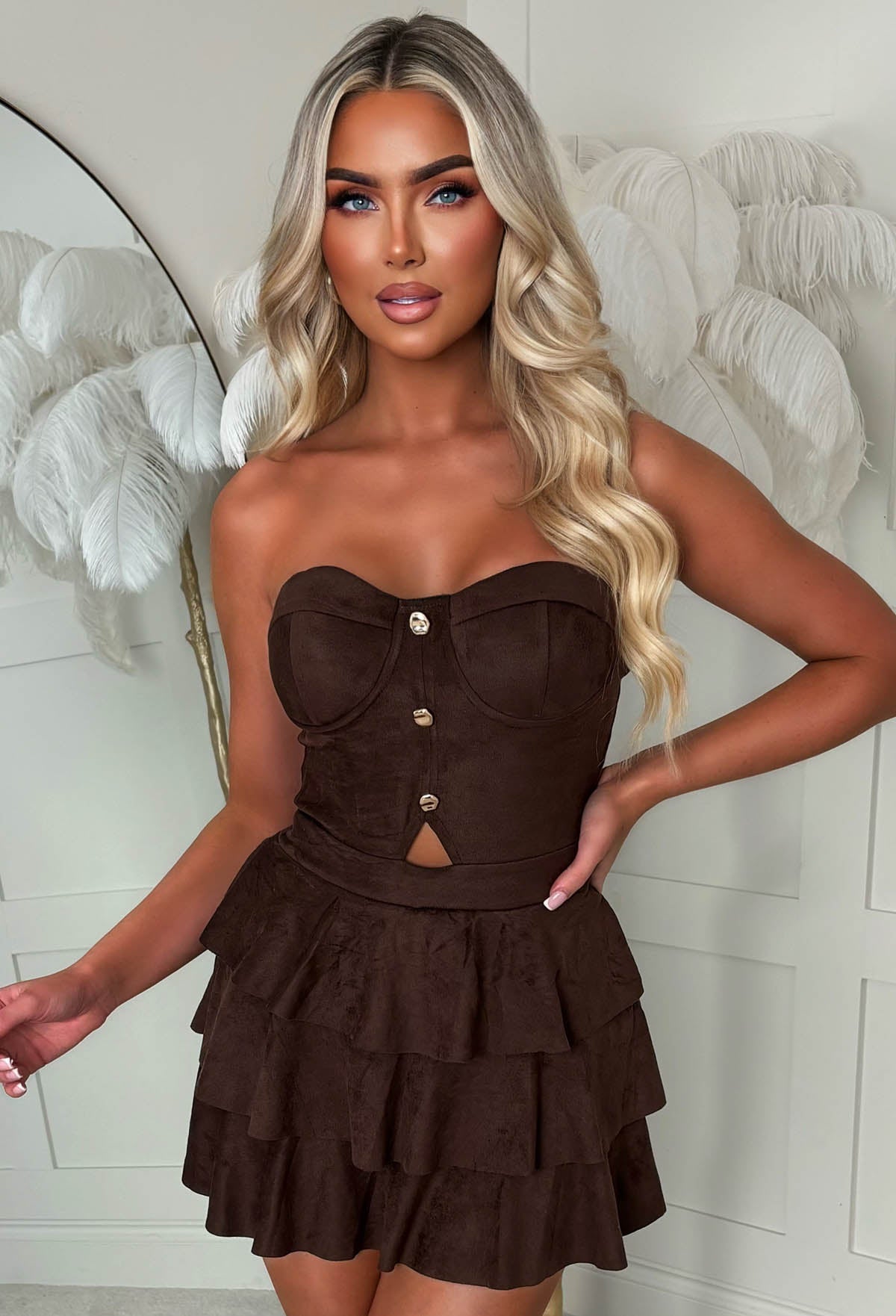Baby Doll Brown Faux Suede Button Front Ra Ra Mini Dress
