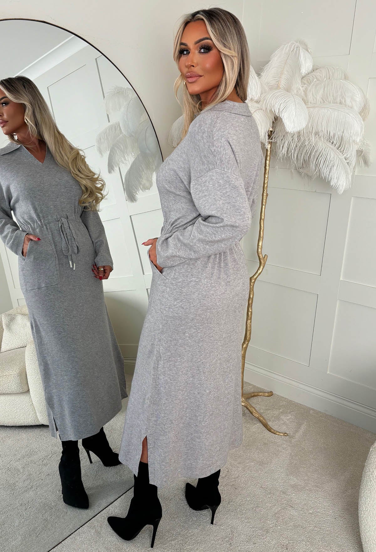 Bad Girl Vibes Grey Collared Tie Waist Midi Knitted Dress | Pink