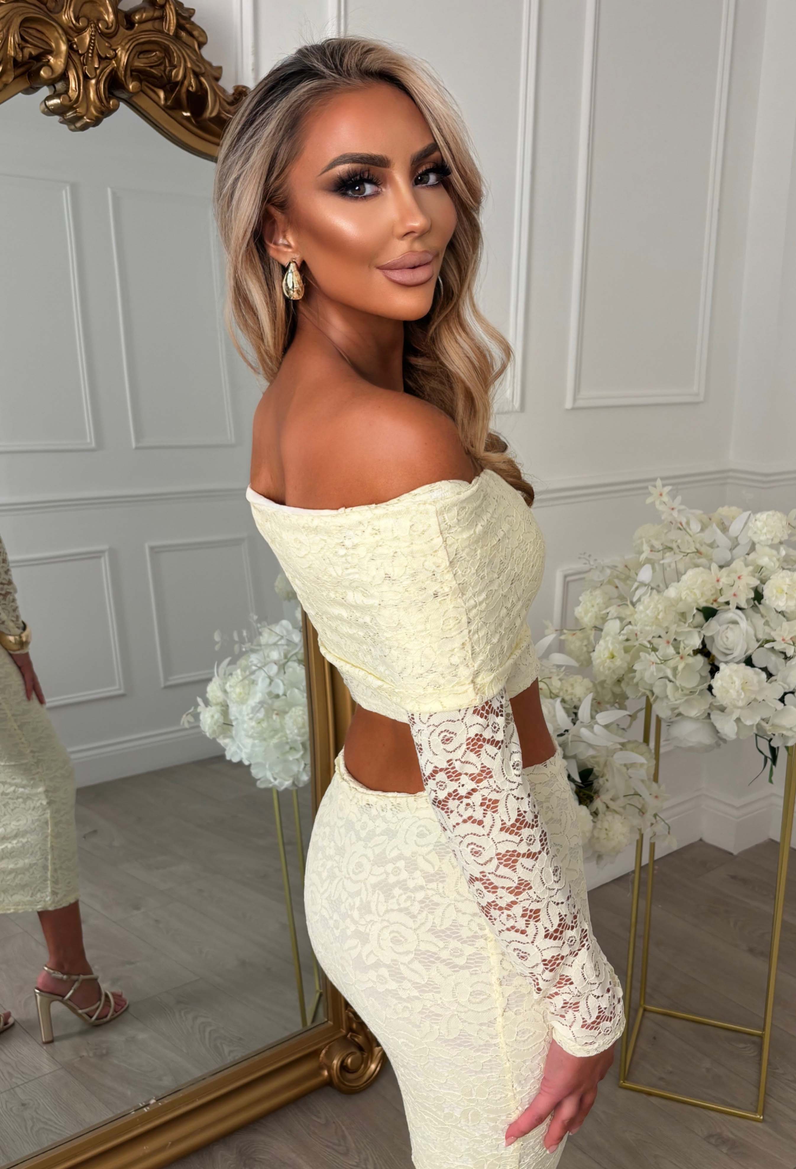Baecation Beauty Lemon Lace Bardot Top & Midi Skirt Co-Ord Set